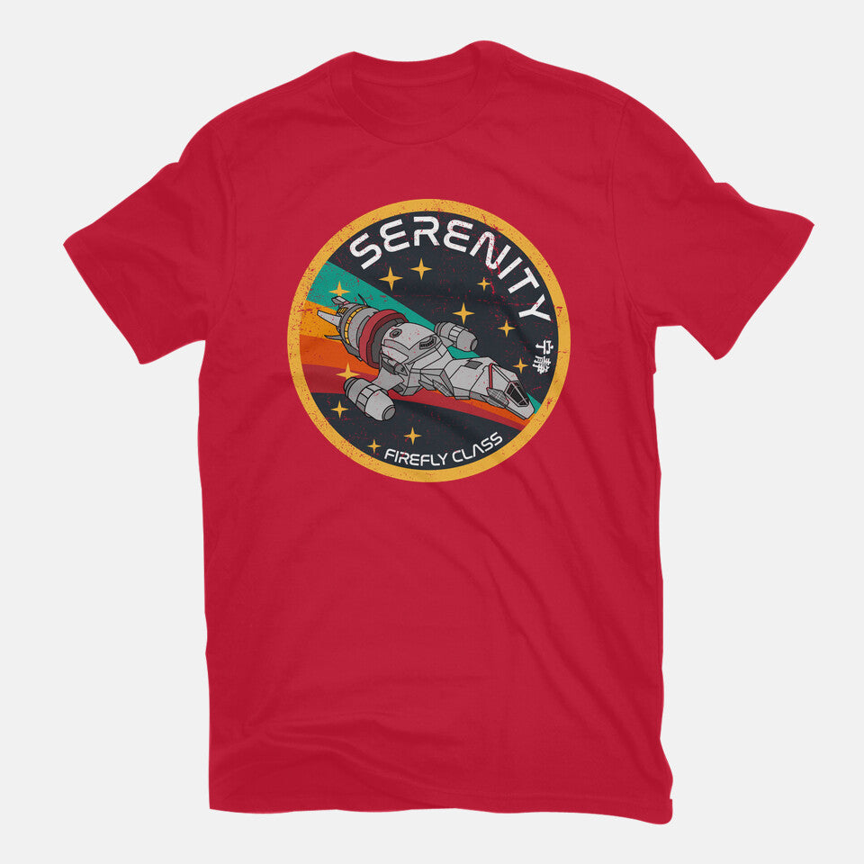 Serenity Firefly Class – Sci-Fi Graphic T-Shirt in red, flat-lay product view