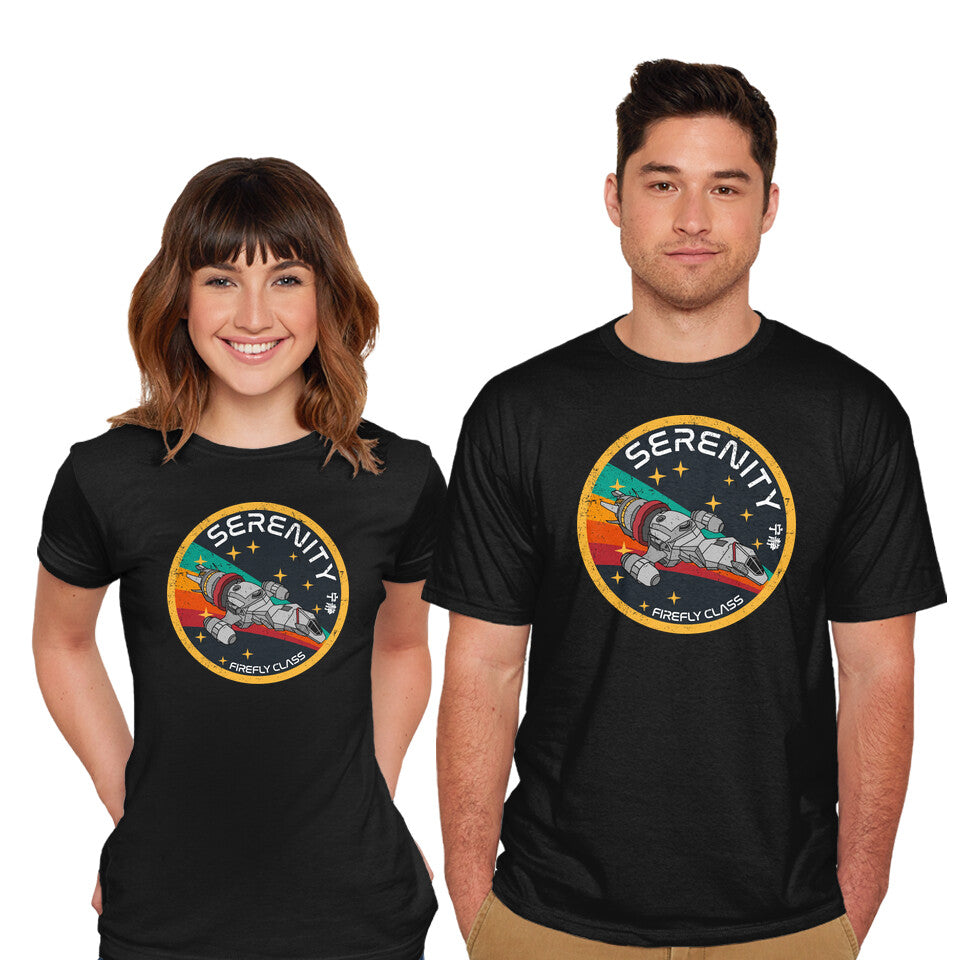 Model wearing black Serenity Firefly Class – Sci-Fi Graphic T-Shirt