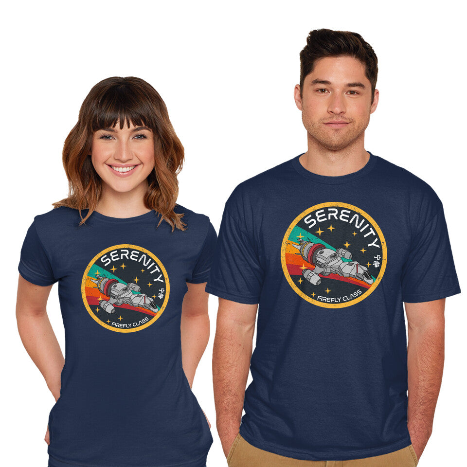 Model wearing navy Serenity Firefly Class – Sci-Fi Graphic T-Shirt