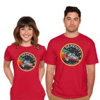 Model wearing red Serenity Firefly Class – Sci-Fi Graphic T-Shirt
