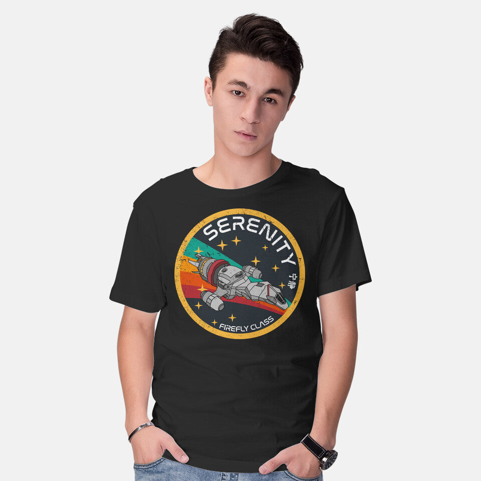Model wearing black Serenity Firefly Class – Sci-Fi Graphic T-Shirt