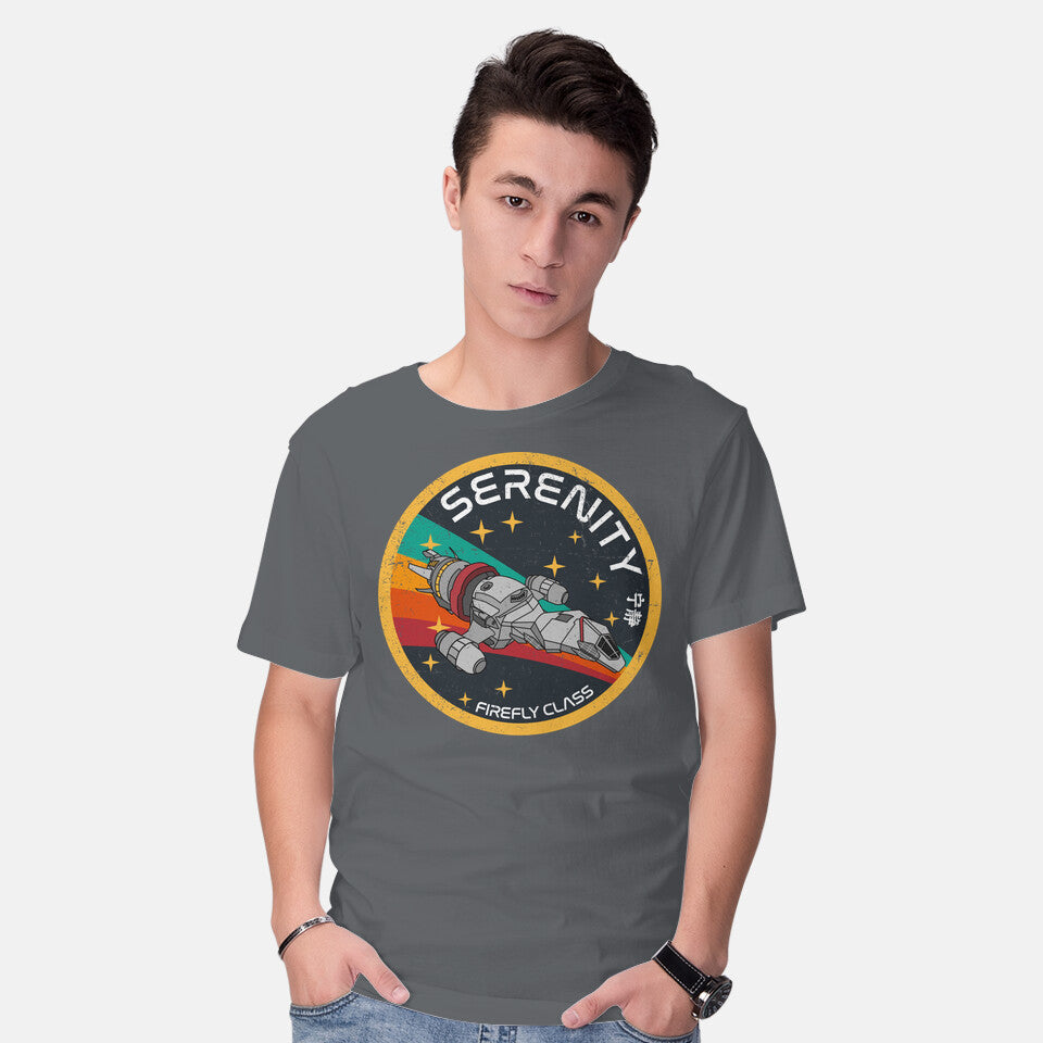 Model wearing charcoal Serenity Firefly Class – Sci-Fi Graphic T-Shirt
