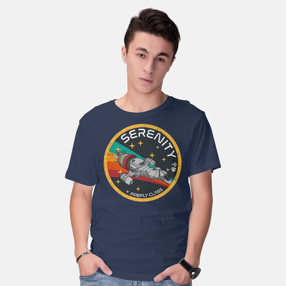 Model wearing navy Serenity Firefly Class – Sci-Fi Graphic T-Shirt