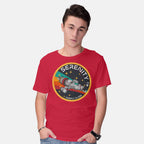 Model wearing red Serenity Firefly Class – Sci-Fi Graphic T-Shirt