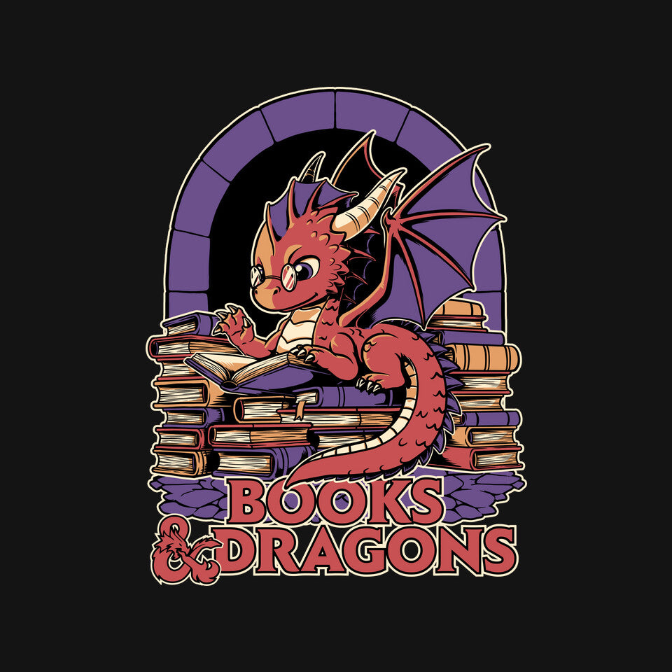 Books And Dragons – Gaming Graphic T-Shirt design artwork for black graphic T-shirt