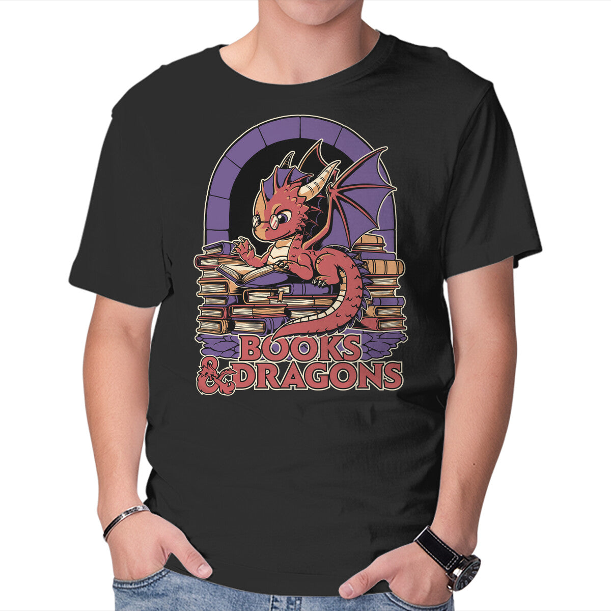 Books And Dragons – Gaming Graphic T-Shirt in black, product display