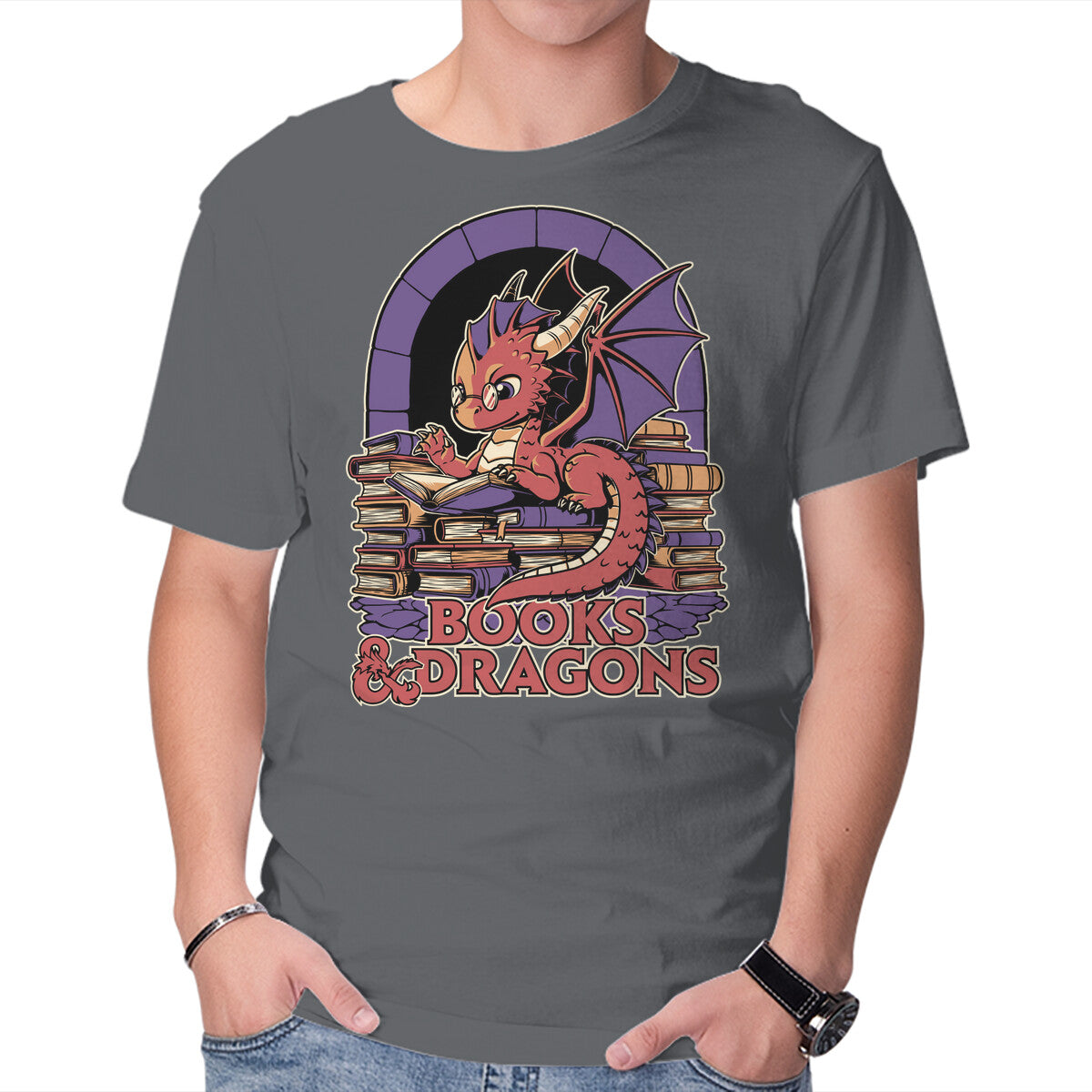 Books And Dragons – Gaming Graphic T-Shirt in charcoal, product display