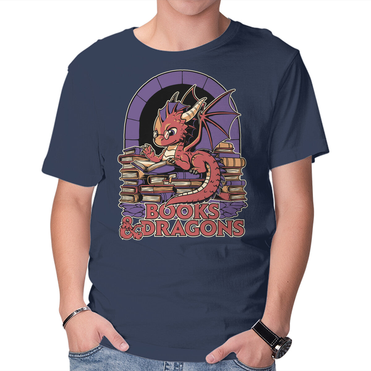 Books And Dragons – Gaming Graphic T-Shirt in navy, product display
