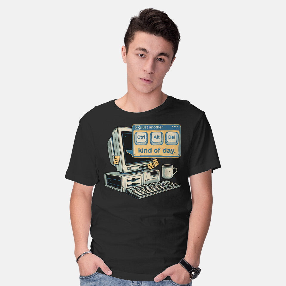 Model wearing black Just Another Day – Coffee Graphic T-Shirt