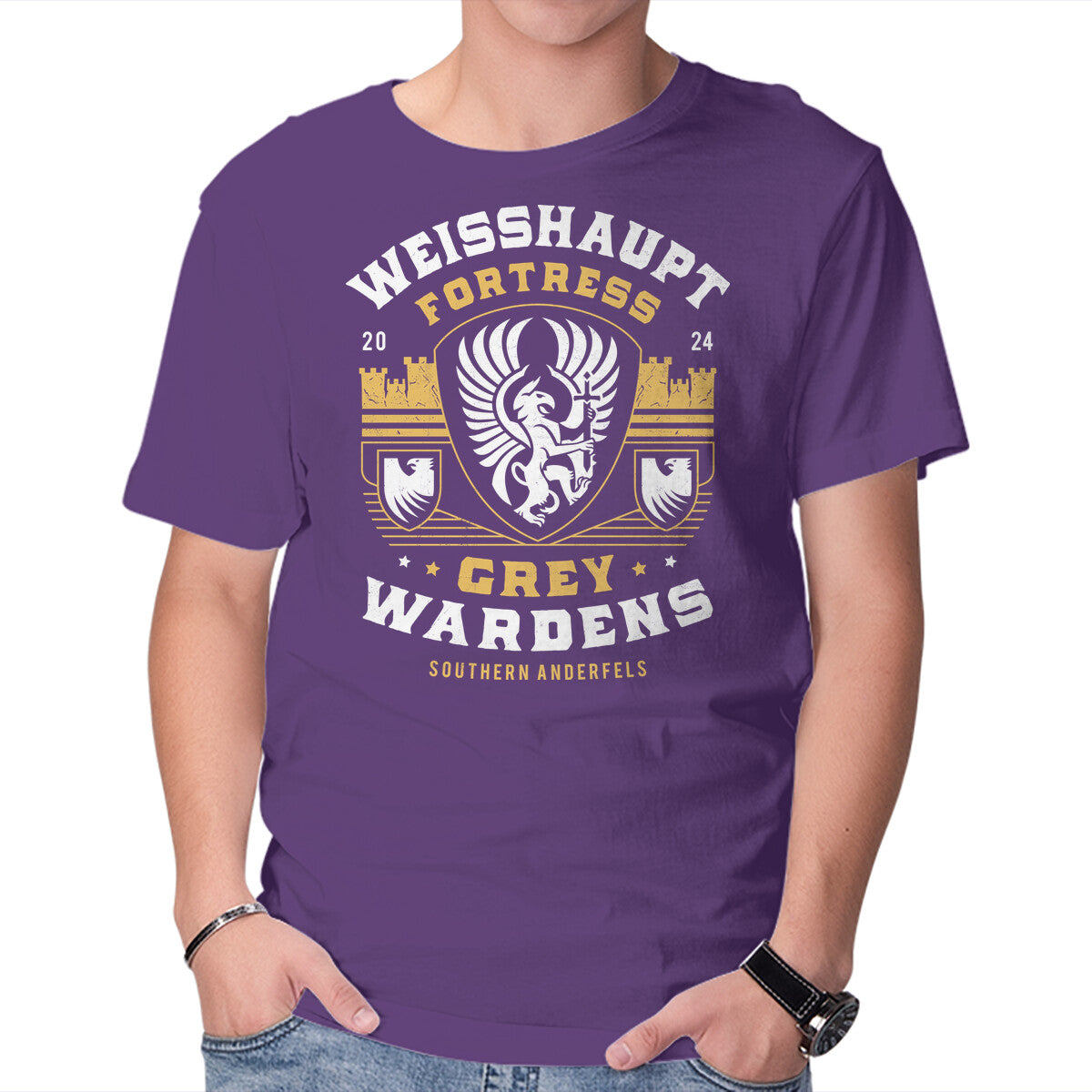 Grey Wardens Fortress Crest – Gaming Graphic T-Shirt in purple, product display