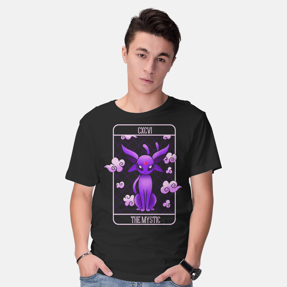 Model wearing black The Mystic – Anime Graphic T-Shirt