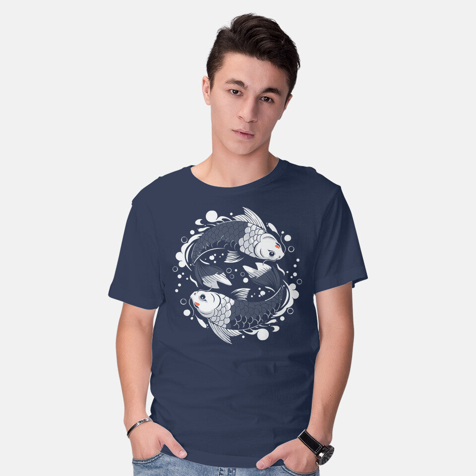 Model wearing navy Two Carps – Animal Graphic T-Shirt
