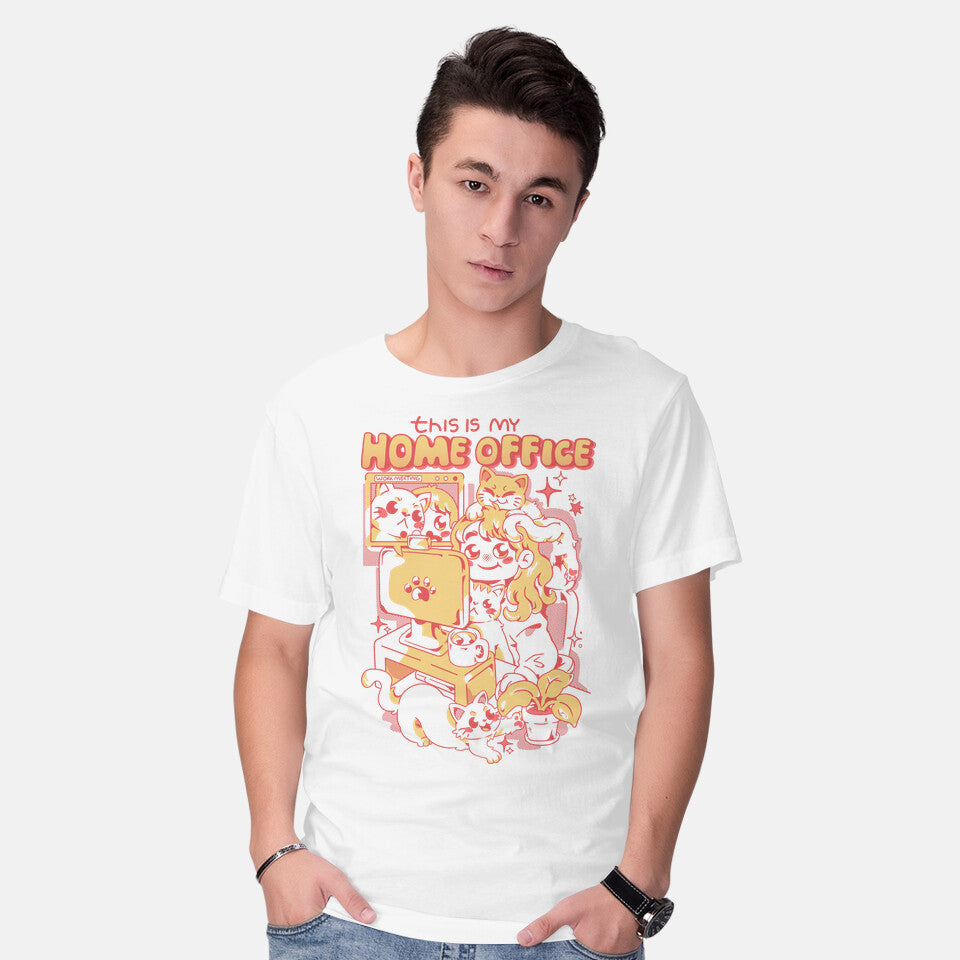 Model wearing white This Is My Home Office – Cat Graphic T-Shirt