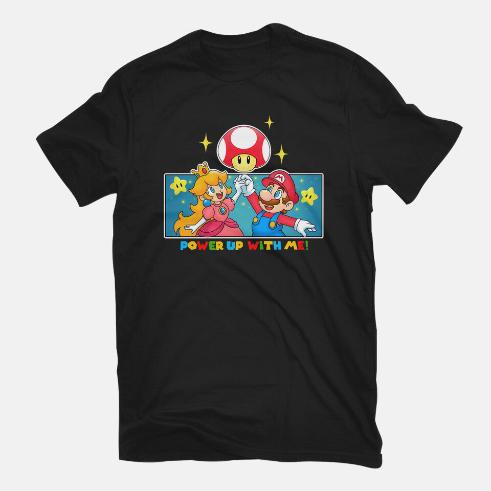 Power Up With Me – Gaming Graphic T-Shirt in black, flat-lay product view