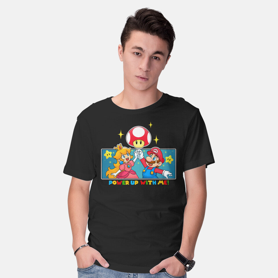 Model wearing black Power Up With Me – Gaming Graphic T-Shirt
