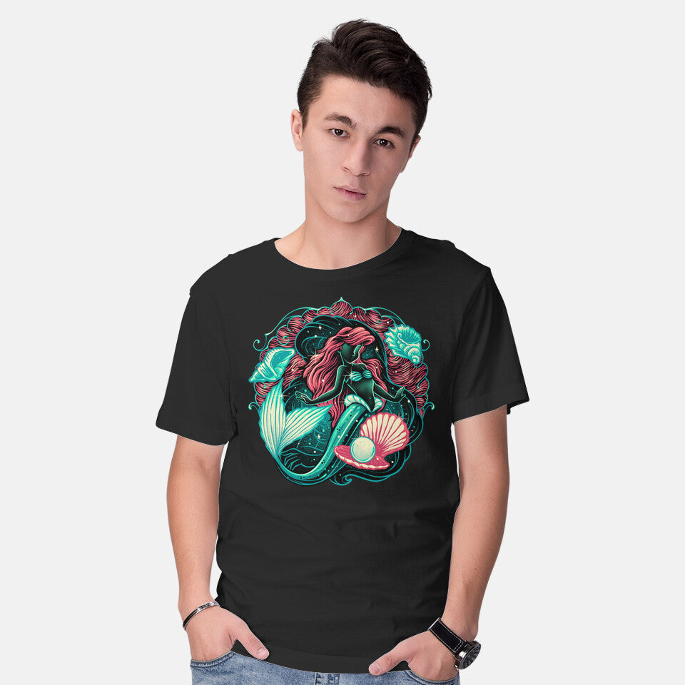 Model wearing black Under The Seas Of Stars – Fantasy Graphic T-Shirt