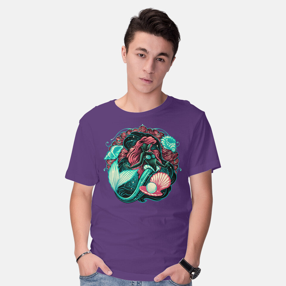 Model wearing purple Under The Seas Of Stars – Fantasy Graphic T-Shirt
