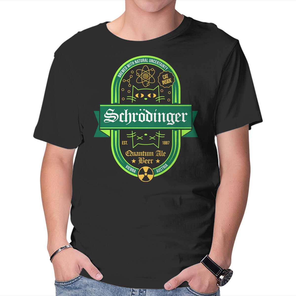 Schrodinger Quantum Ale Beer – Cat Graphic T-Shirt in black, product display