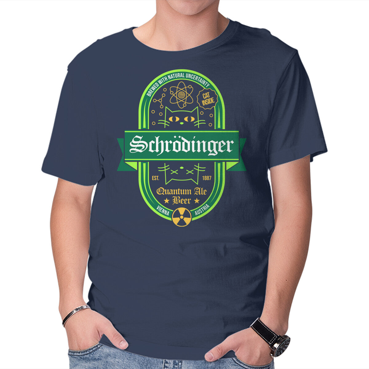 Schrodinger Quantum Ale Beer – Cat Graphic T-Shirt in navy, product display