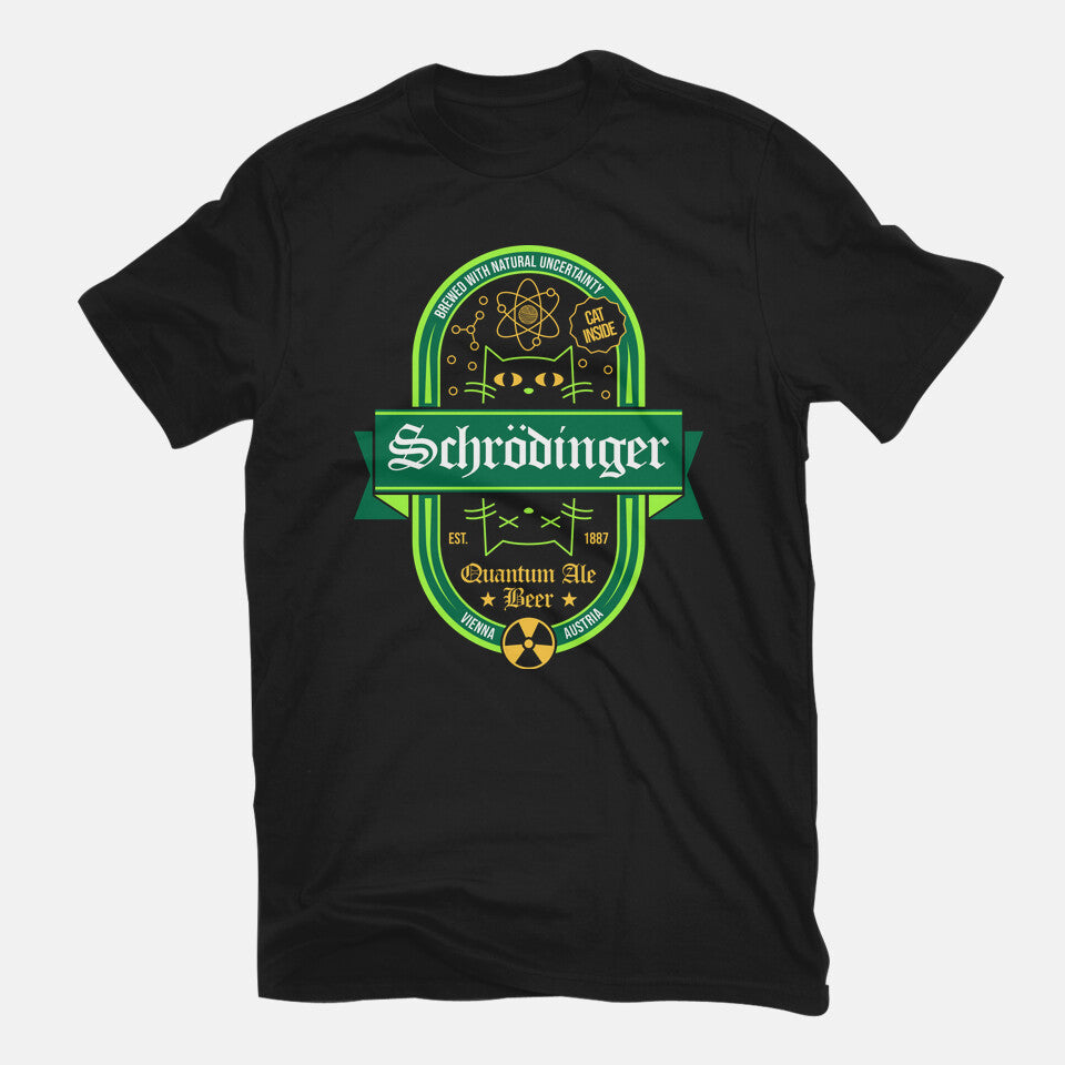 Schrodinger Quantum Ale Beer – Cat Graphic T-Shirt in black, flat-lay product view