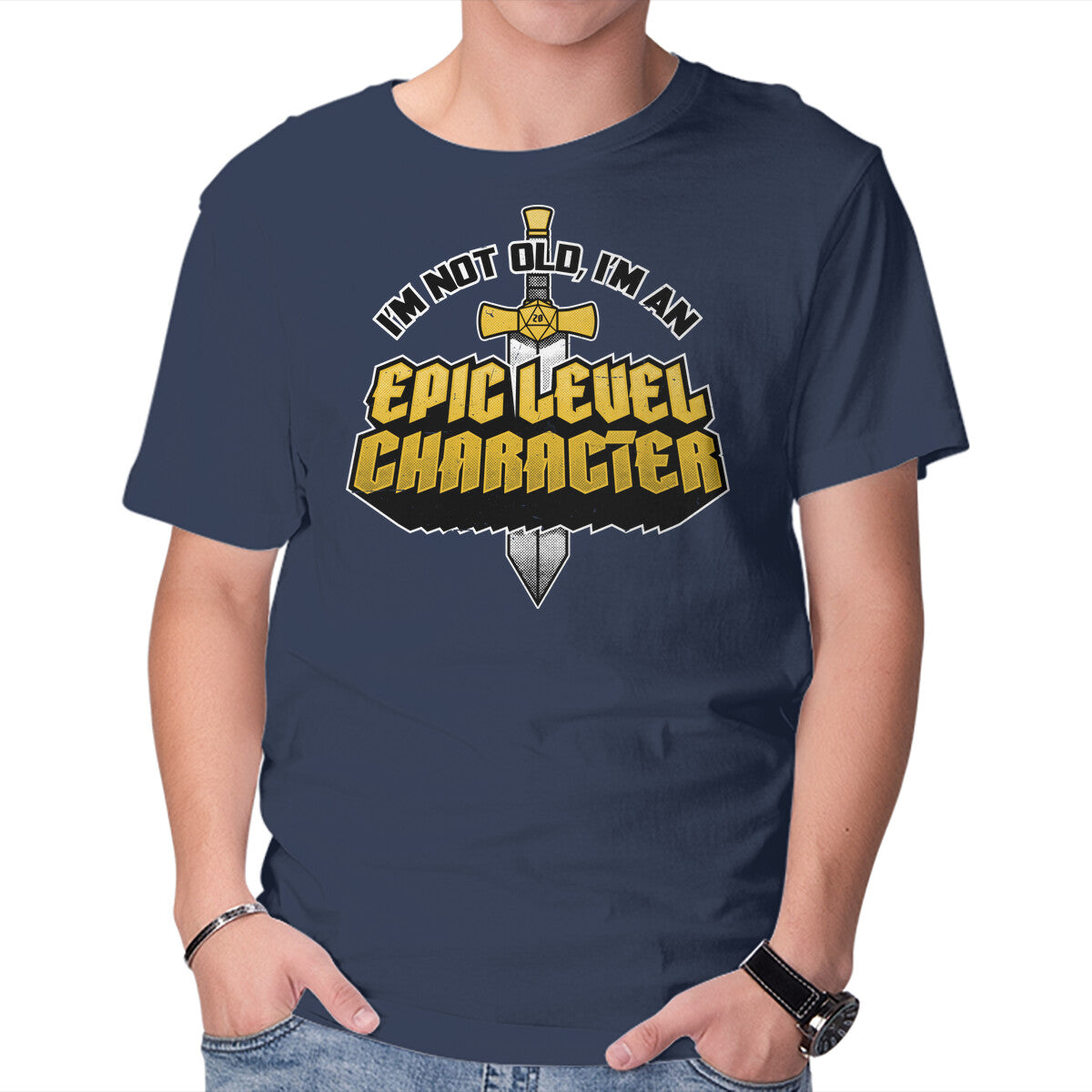 Old RPG Epic Character – Gaming Graphic T-Shirt in navy, product display