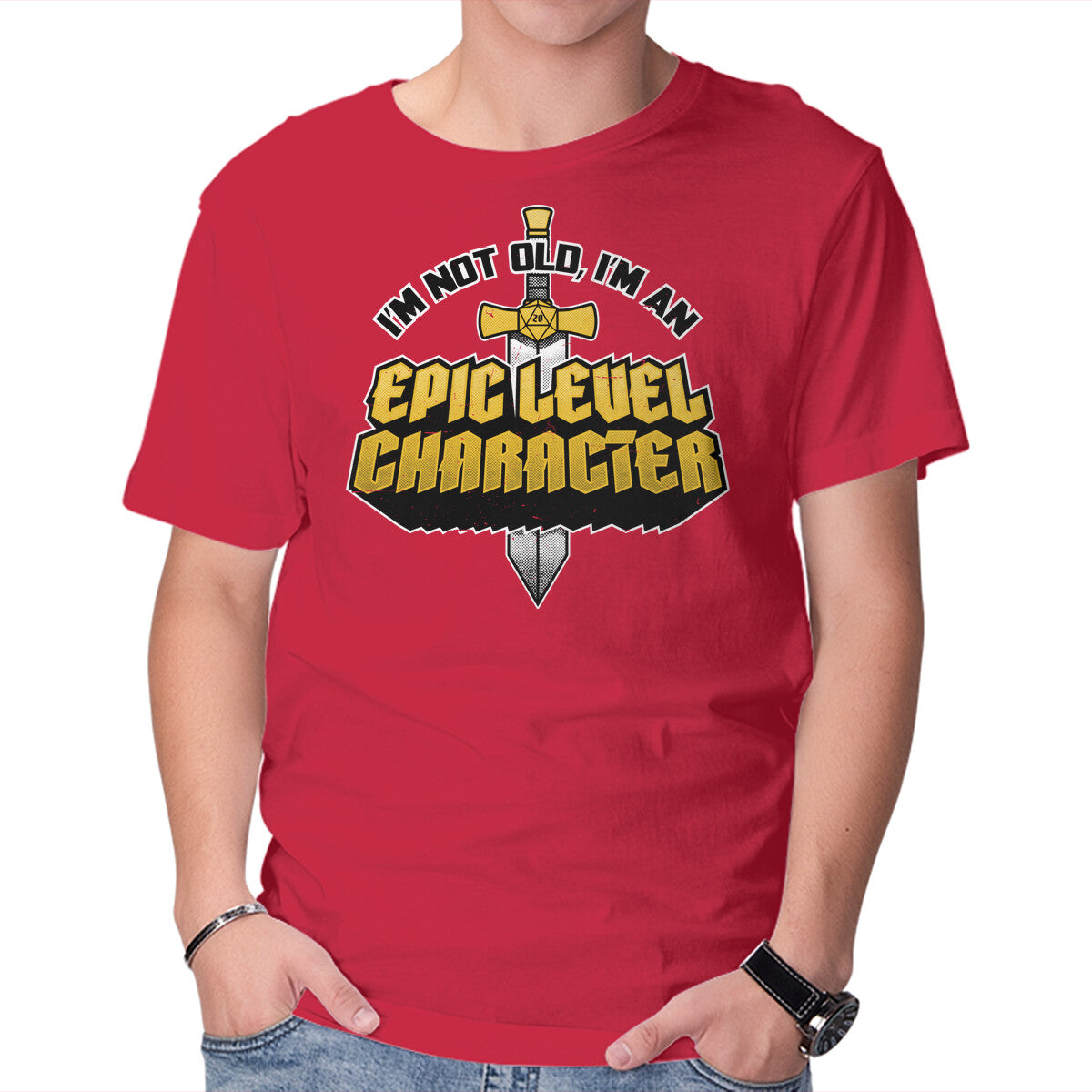 Old RPG Epic Character – Gaming Graphic T-Shirt in red, product display