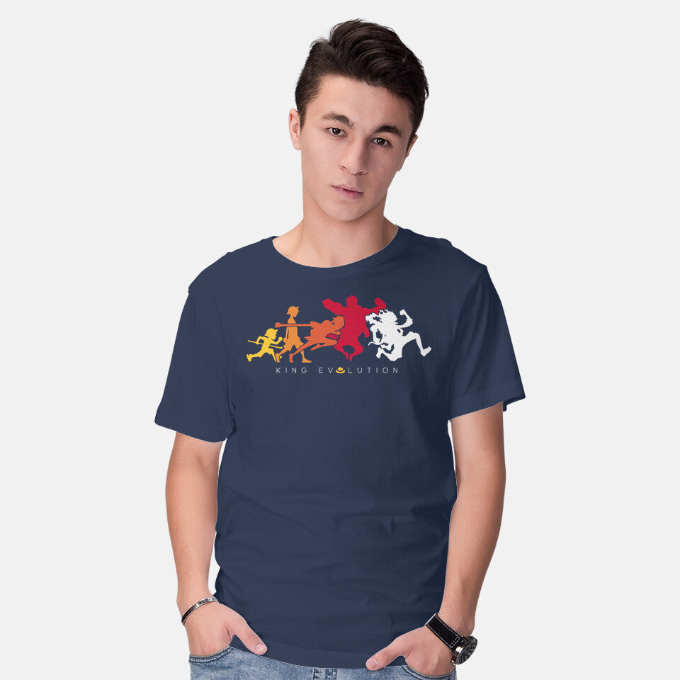 Model wearing navy King Evolution – Anime Graphic T-Shirt