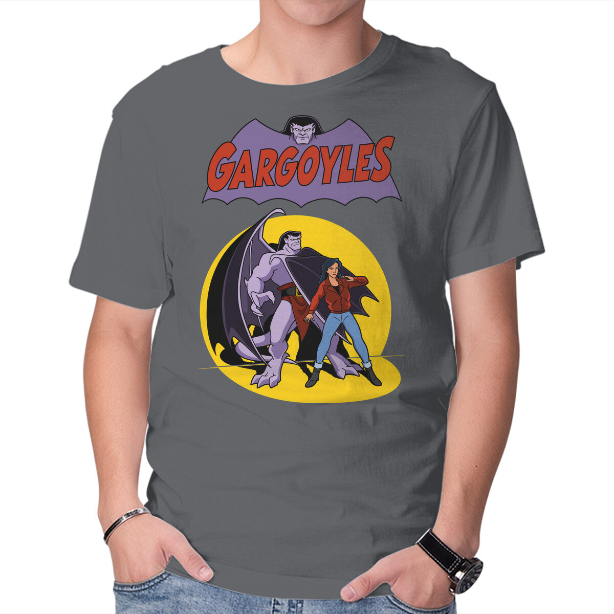 Gargoyles Cover – Sci-Fi Graphic T-Shirt in charcoal, product display