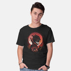 Model wearing black Okarun Night – Anime Graphic T-Shirt