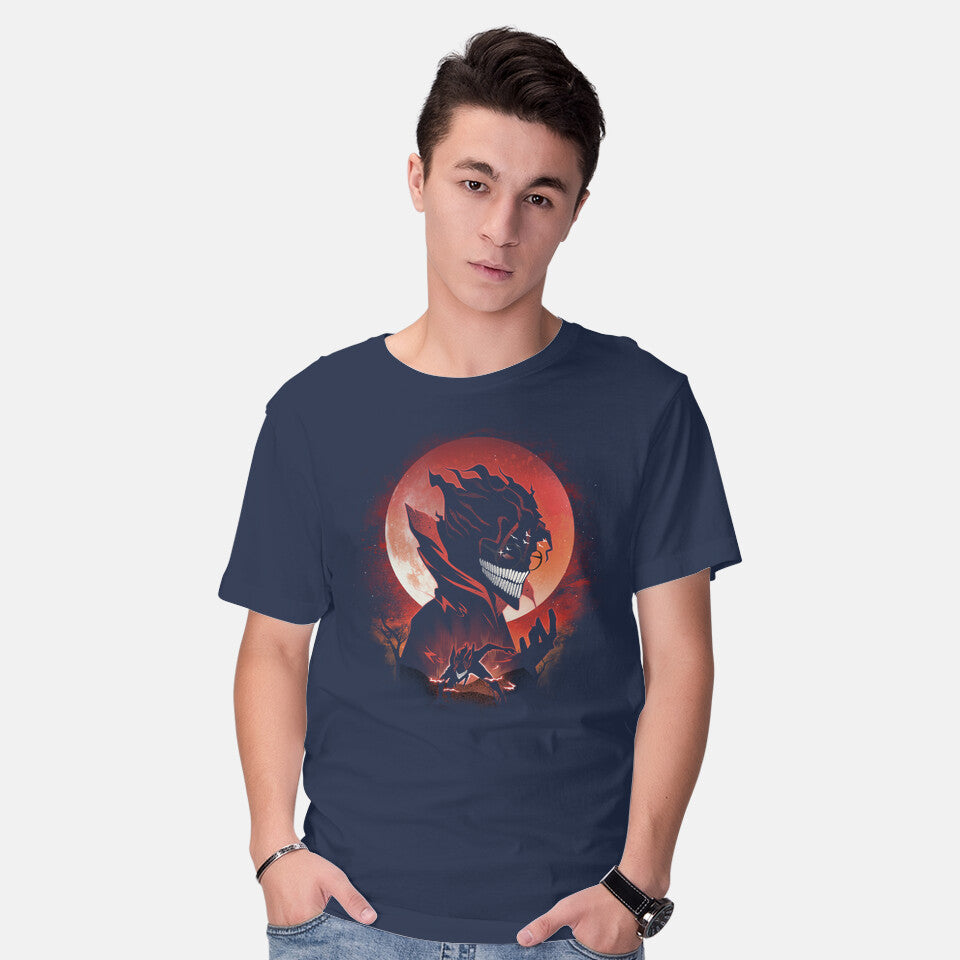 Model wearing navy Okarun Night – Anime Graphic T-Shirt