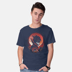 Model wearing navy Okarun Night – Anime Graphic T-Shirt