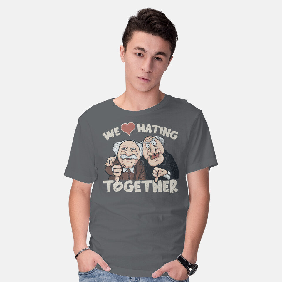 Model wearing charcoal We Love Hating Together – Movie Graphic T-Shirt