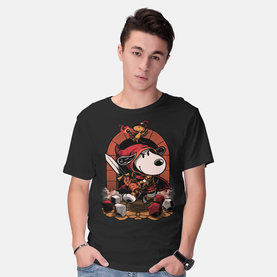 Model wearing black Beagle RPG Adventure – Fantasy Graphic T-Shirt