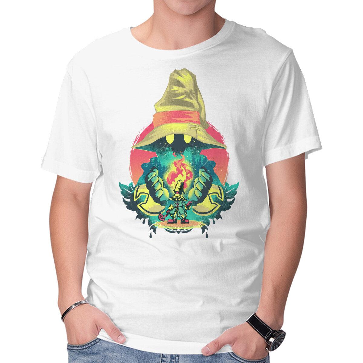 Black Mage Legend – Gaming Graphic T-Shirt in white, product display