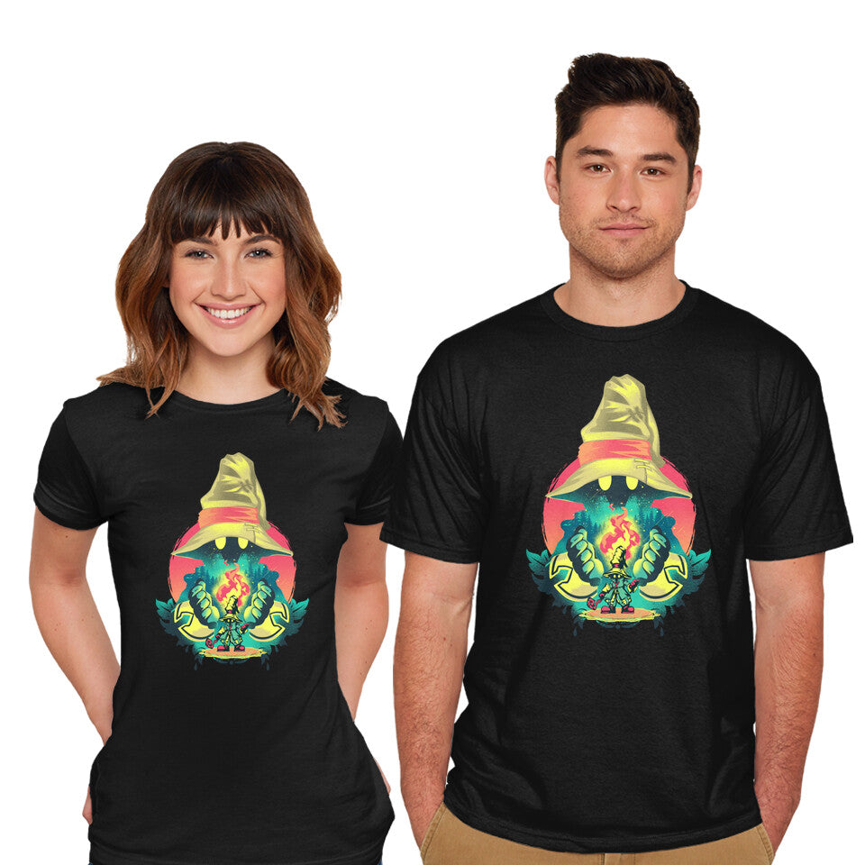 Model wearing black Black Mage Legend – Gaming Graphic T-Shirt