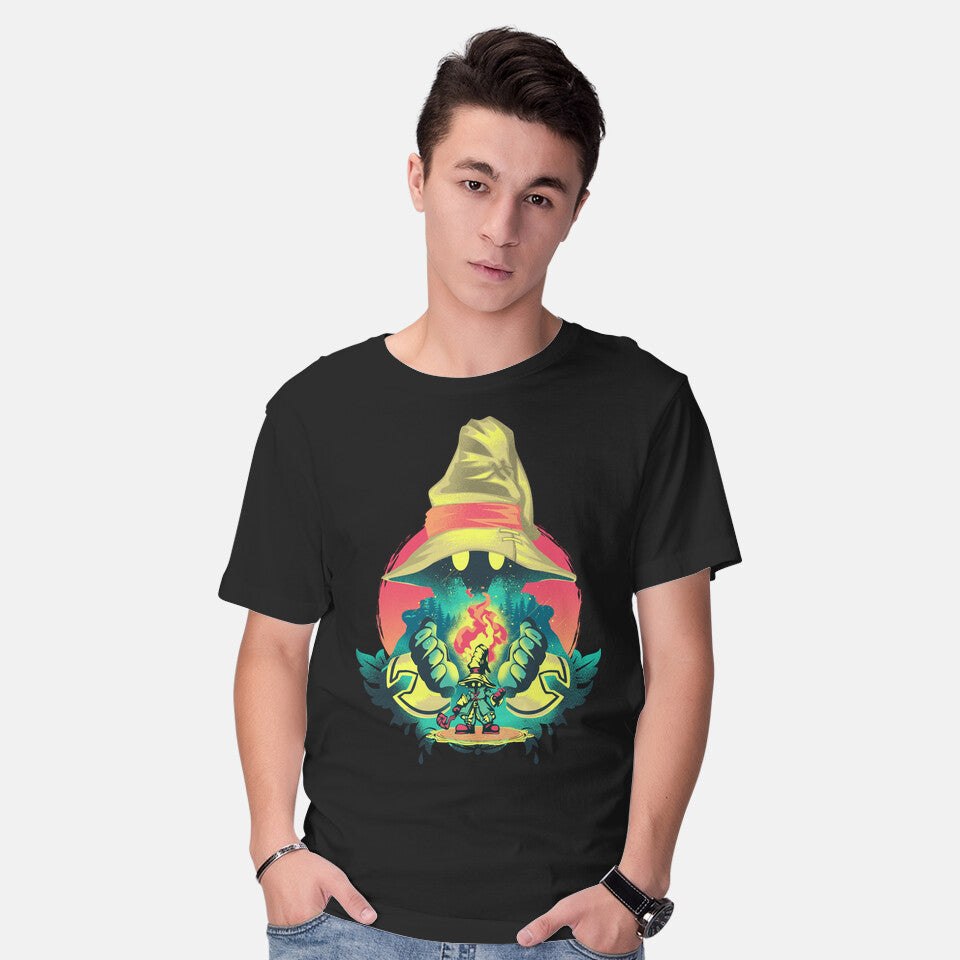 Model wearing black Black Mage Legend – Gaming Graphic T-Shirt