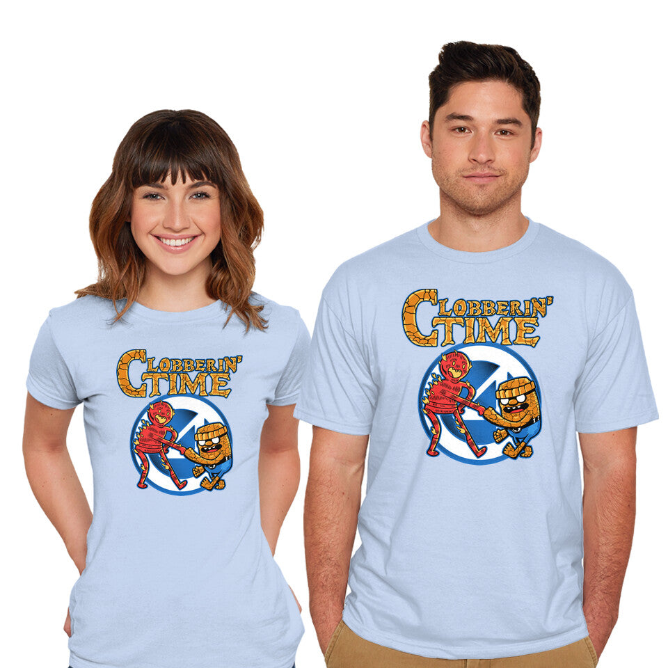 Model wearing blue Clobberin Time – Fantasy Graphic T-Shirt