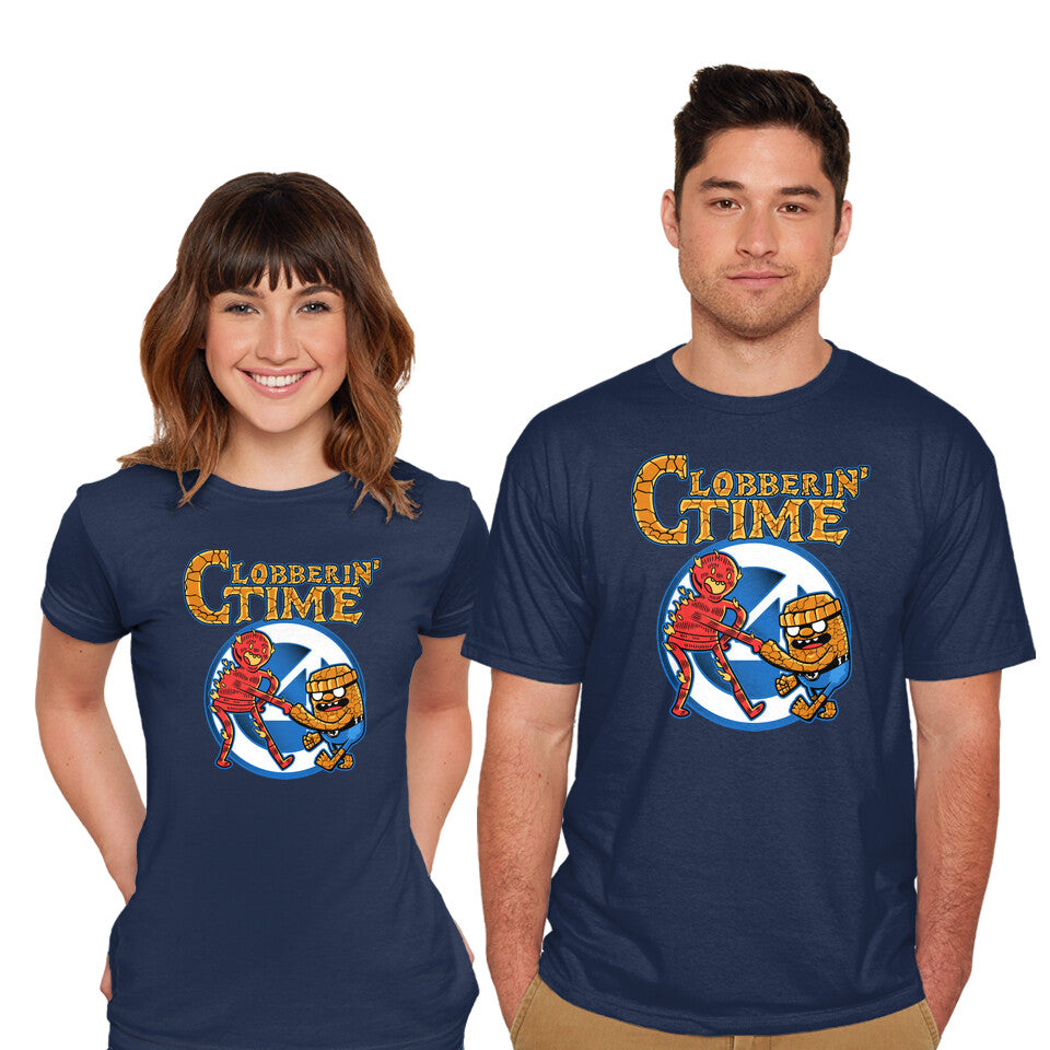 Model wearing navy Clobberin Time – Fantasy Graphic T-Shirt