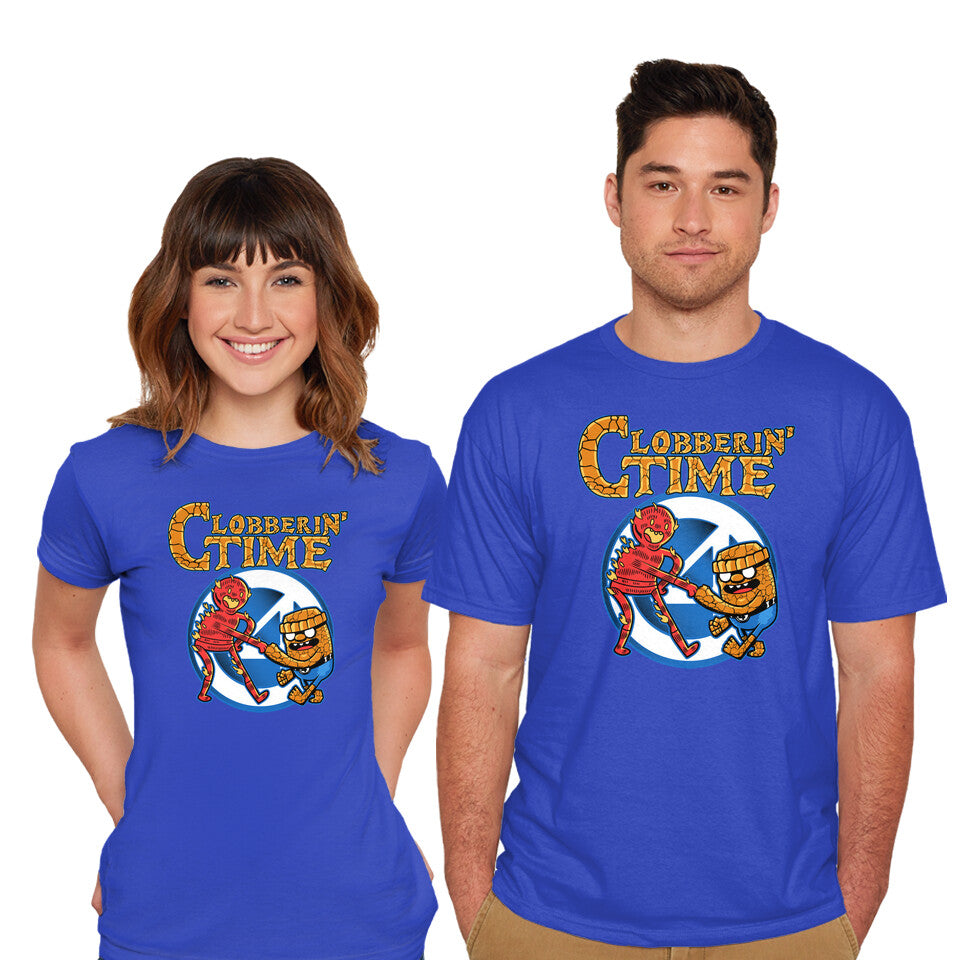 Model wearing royal blue Clobberin Time – Fantasy Graphic T-Shirt