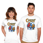 Model wearing white Clobberin Time – Fantasy Graphic T-Shirt