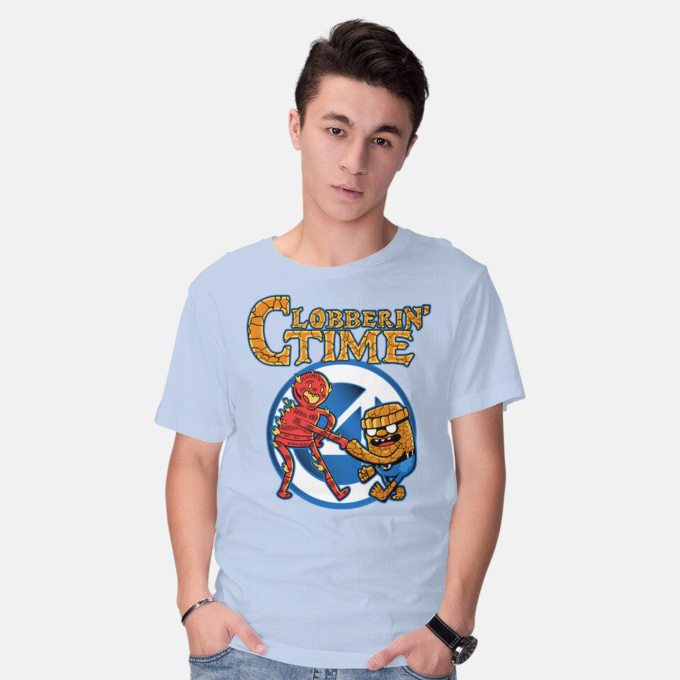 Model wearing blue Clobberin Time – Fantasy Graphic T-Shirt