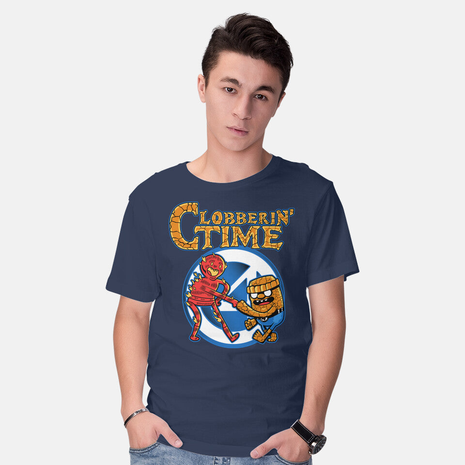 Model wearing navy Clobberin Time – Fantasy Graphic T-Shirt