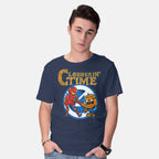 Model wearing navy Clobberin Time – Fantasy Graphic T-Shirt