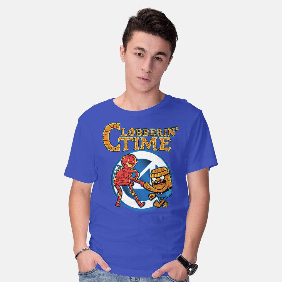 Model wearing royal blue Clobberin Time – Fantasy Graphic T-Shirt