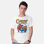 Model wearing white Clobberin Time – Fantasy Graphic T-Shirt