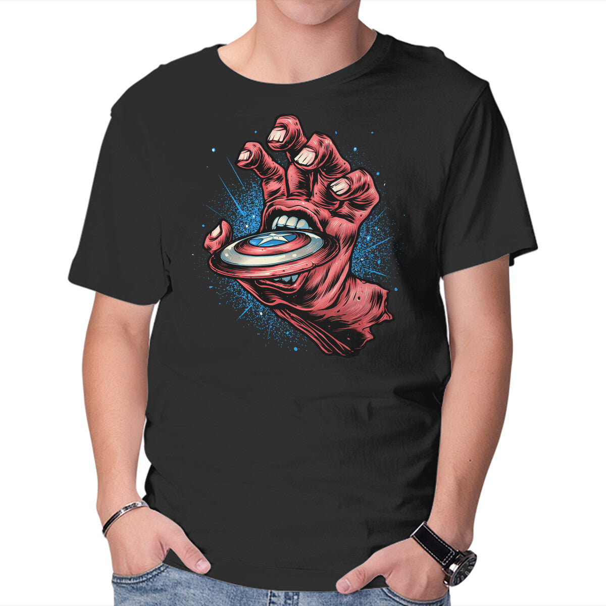 Big Red Hand – Sci-Fi Graphic T-Shirt in black, product display