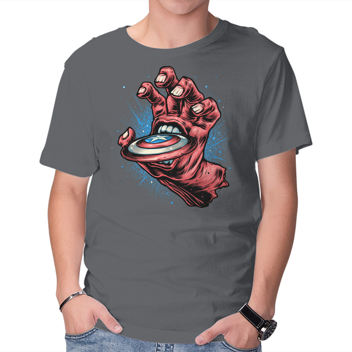 Big Red Hand – Sci-Fi Graphic T-Shirt in charcoal, product display