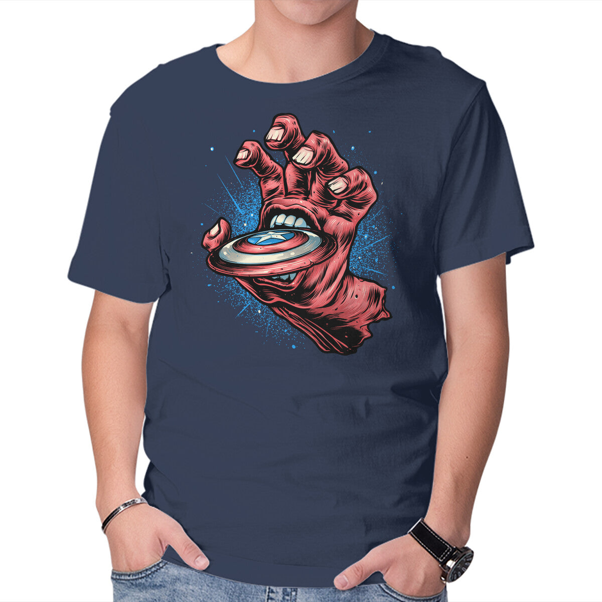 Big Red Hand – Sci-Fi Graphic T-Shirt in navy, product display