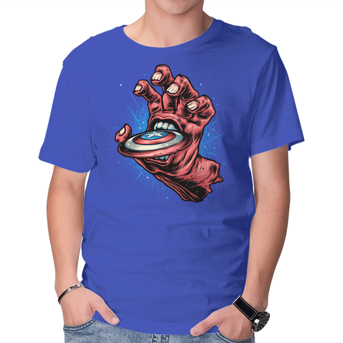 Big Red Hand – Sci-Fi Graphic T-Shirt in royal blue, product display
