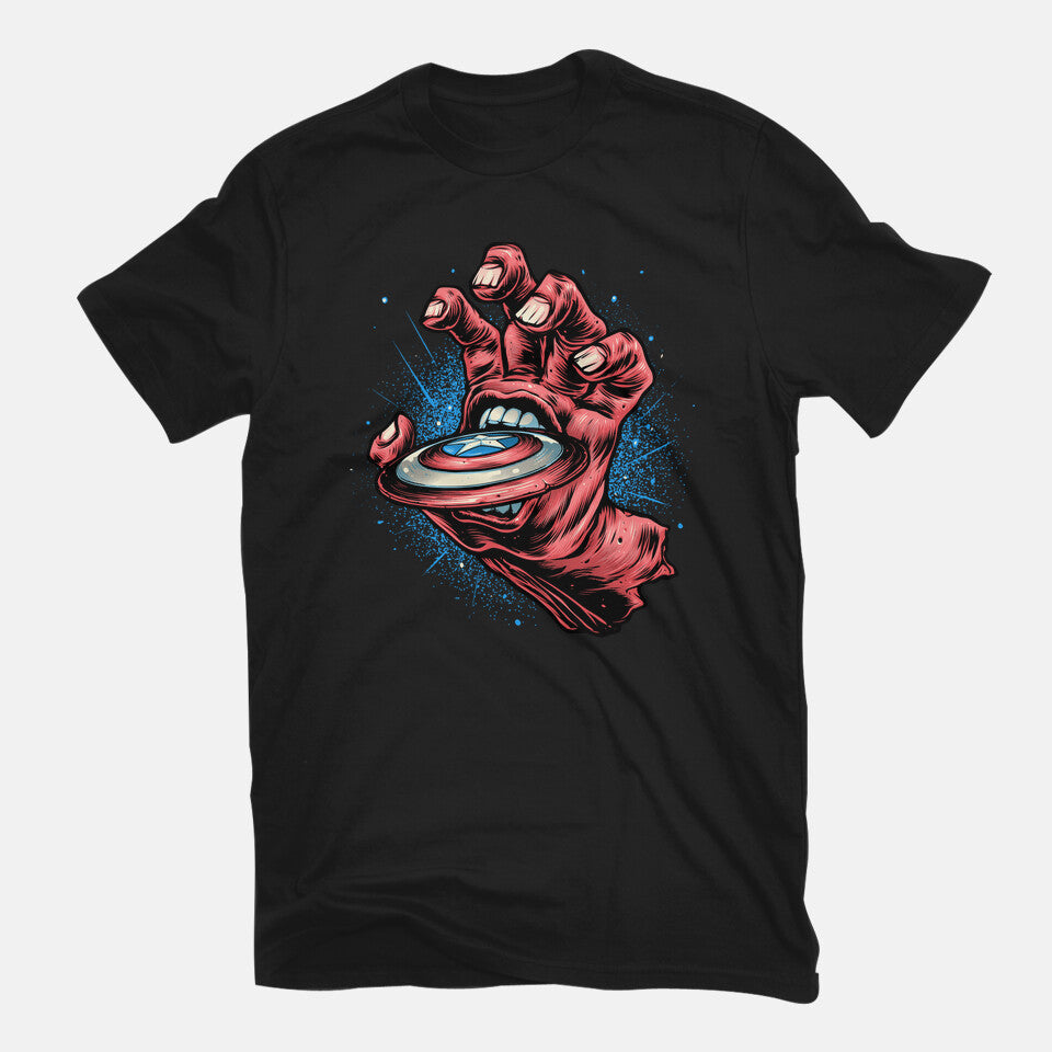 Big Red Hand – Sci-Fi Graphic T-Shirt in black, flat-lay product view